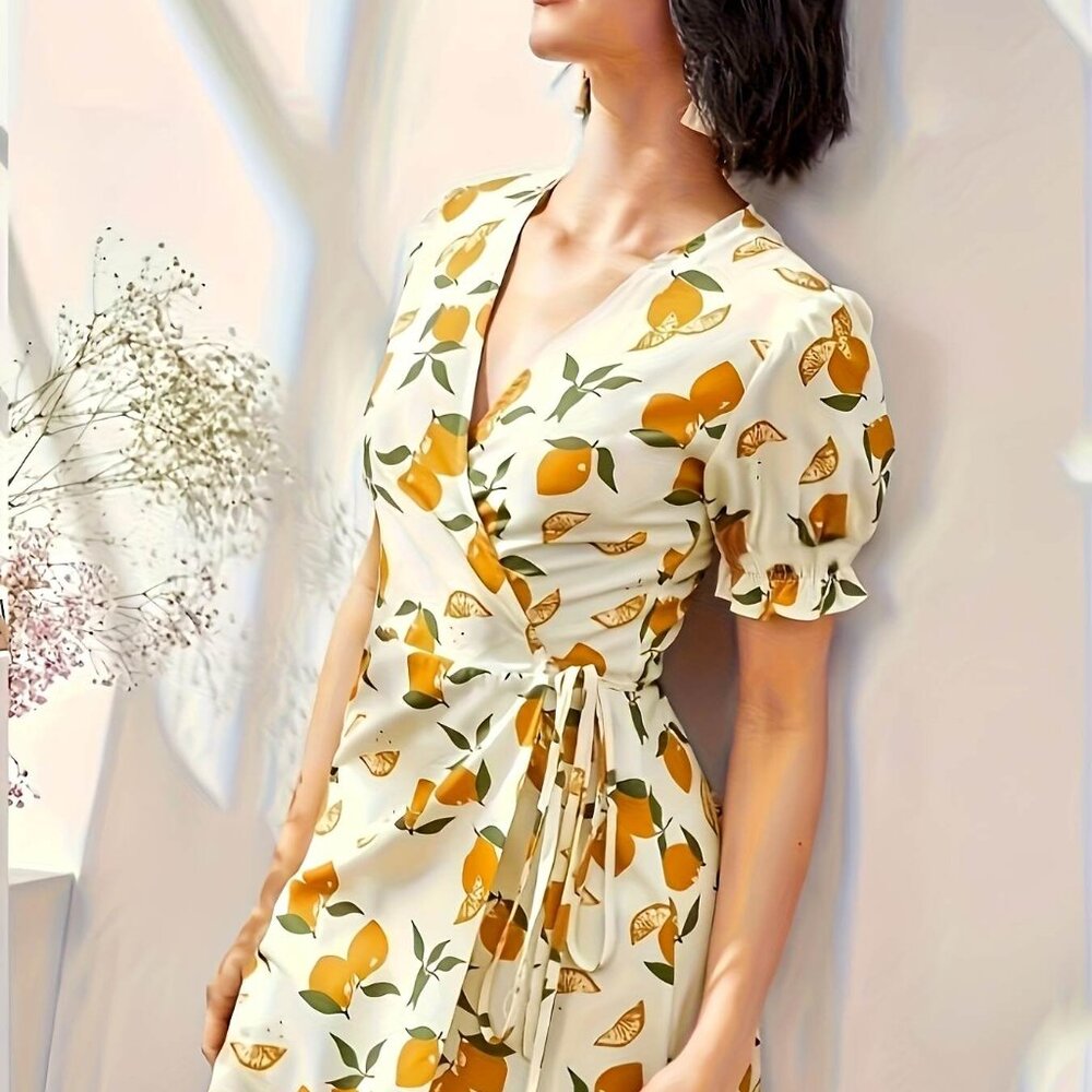 Citrus print wrap  maxi summer orange cream dress - Picture 2 of 14